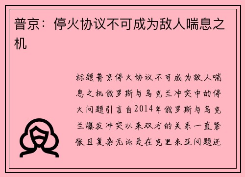 普京：停火协议不可成为敌人喘息之机